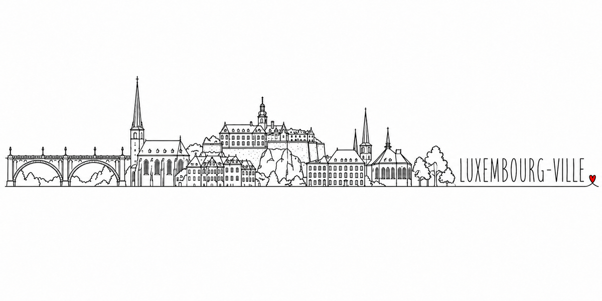 Skyline de Luxembourg-ville dessinee d'un trait noir continu sur fond blanc : le viaduc a arches a gauche, une cathedrale a fleche, les maisons et les remparts de la vieille ville, des clochers et des arbres, et le nom LUXEMBOURG-VILLE en lettres espacees suivi d'un petit coeur rouge