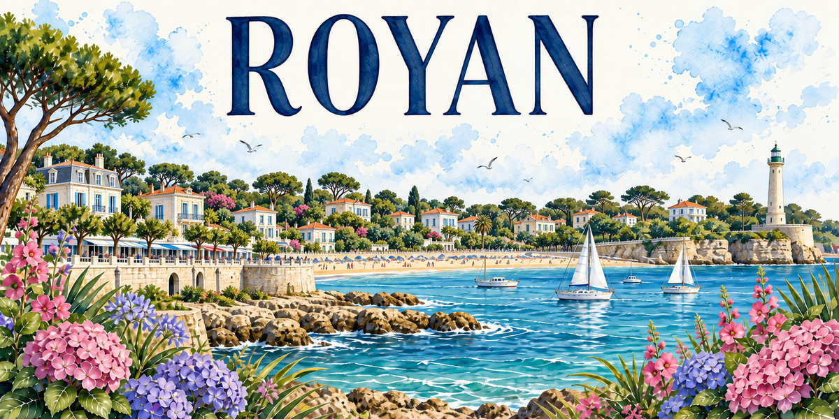 Aquarelle de Royan : le nom en grandes capitales bleues, les pins parasols et les villas blanches du front de mer, la grande conche et sa plage de sable, des voiliers dans la baie, un phare sur la pointe rocheuse a droite, et des hortensias roses et bleus au premier plan