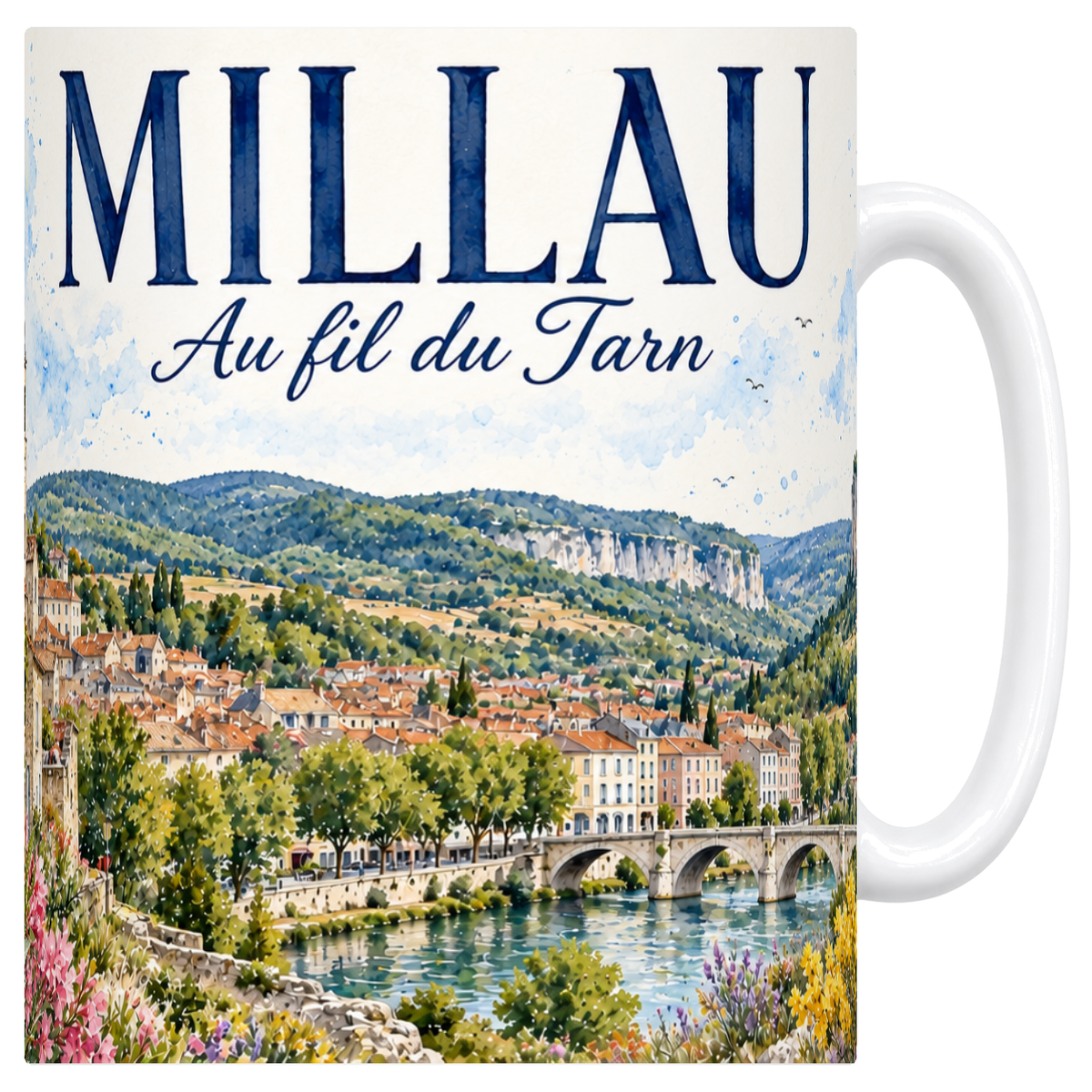 Mug blanc en ceramique 330 ml illustre d'une aquarelle de Millau
