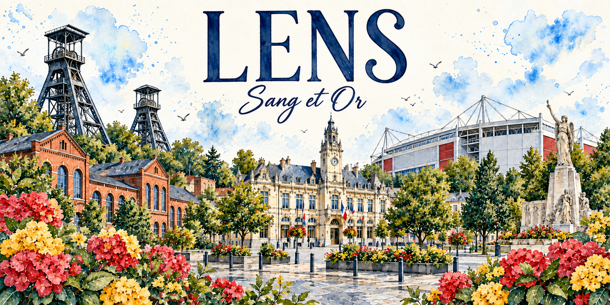 Aquarelle de Lens : le nom en capitales bleues et le sous-titre « Sang et Or », deux chevalements de mine et des bâtiments de brique à gauche, l'hôtel de ville et son beffroi à horloge au centre, un stade aux gradins blancs et rouges et un monument sculpté à droite, une place pavée et de grandes fleurs rouges et jaunes au premier plan