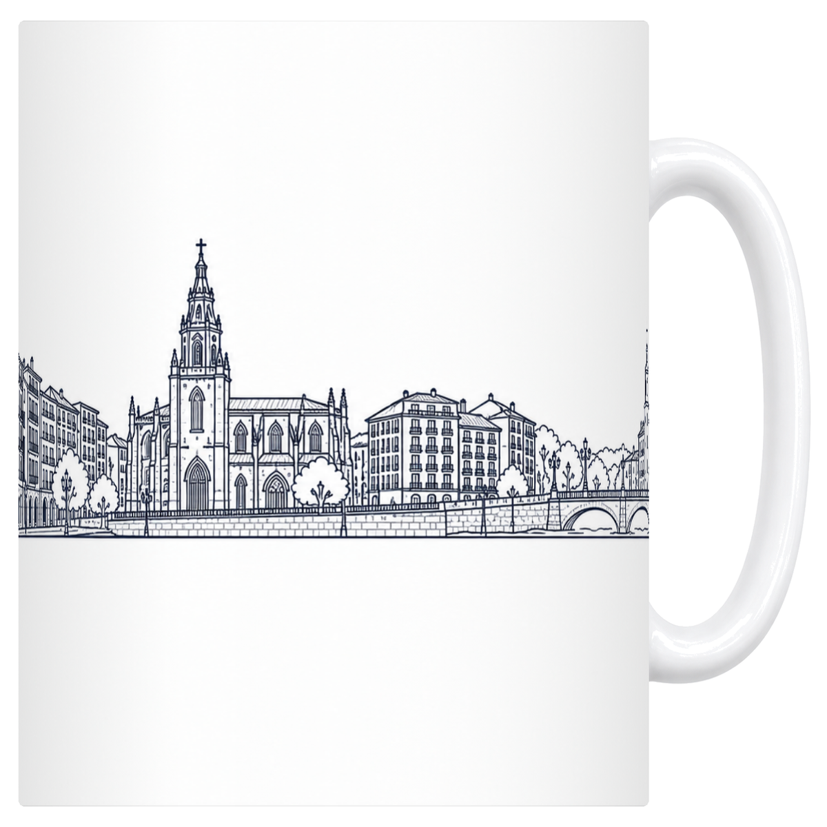 Mug blanc en céramique 330 ml illustré du skyline de Bilbao au trait noir : les façades à arcades du quai, la cathédrale et sa flèche, le pont de pierre