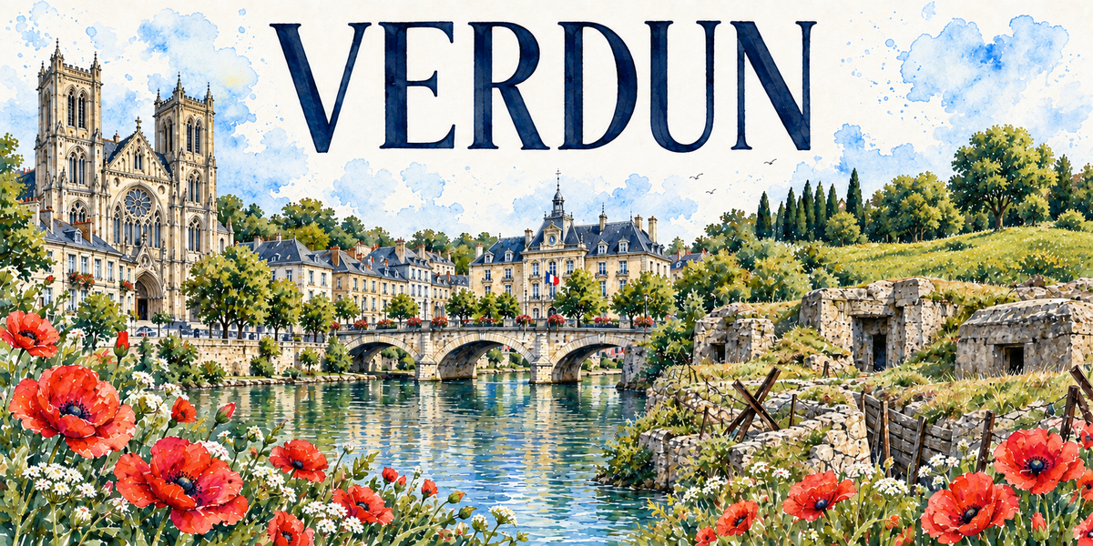 Aquarelle de Verdun : le nom en grandes capitales bleues, la cathedrale a deux tours a gauche, les facades et l'hotel de ville du bord de Meuse, un pont de pierre sur la riviere, des vestiges de tranchees et de fortifications sur la colline a droite, et des coquelicots au premier plan
