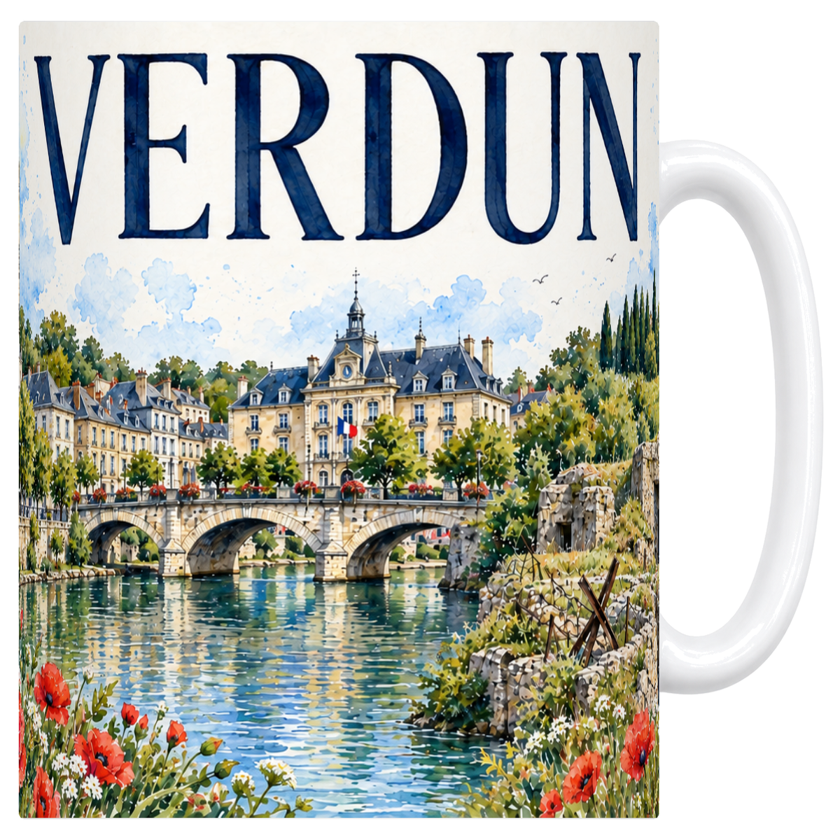 Mug blanc en ceramique 330 ml illustre d'une aquarelle de Verdun