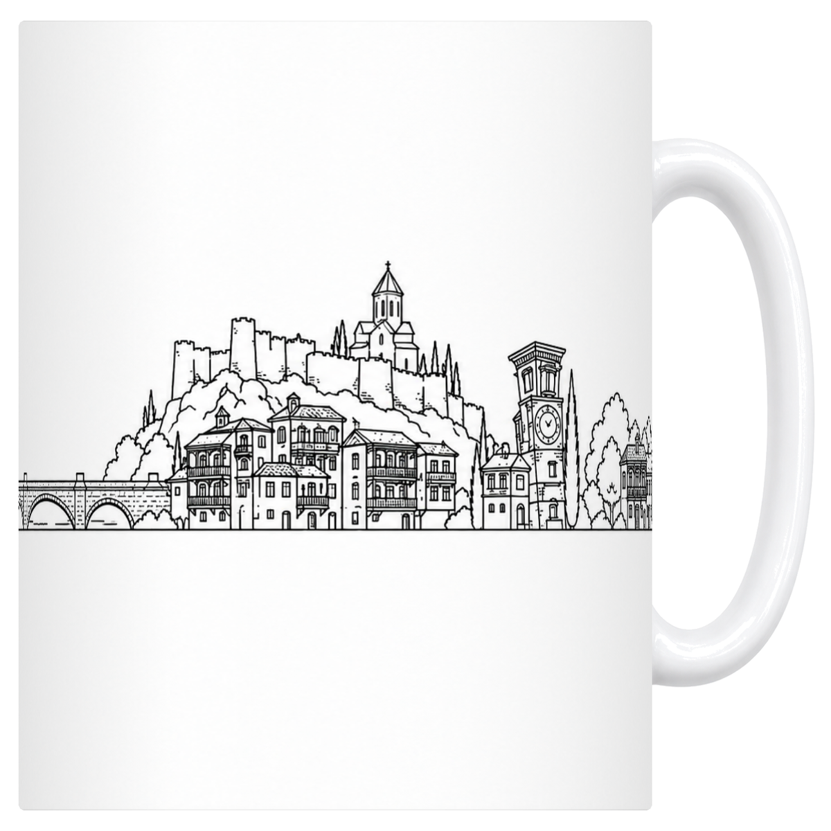 Mug blanc en ceramique 330 ml illustre d'une skyline de Tbilissi au trait