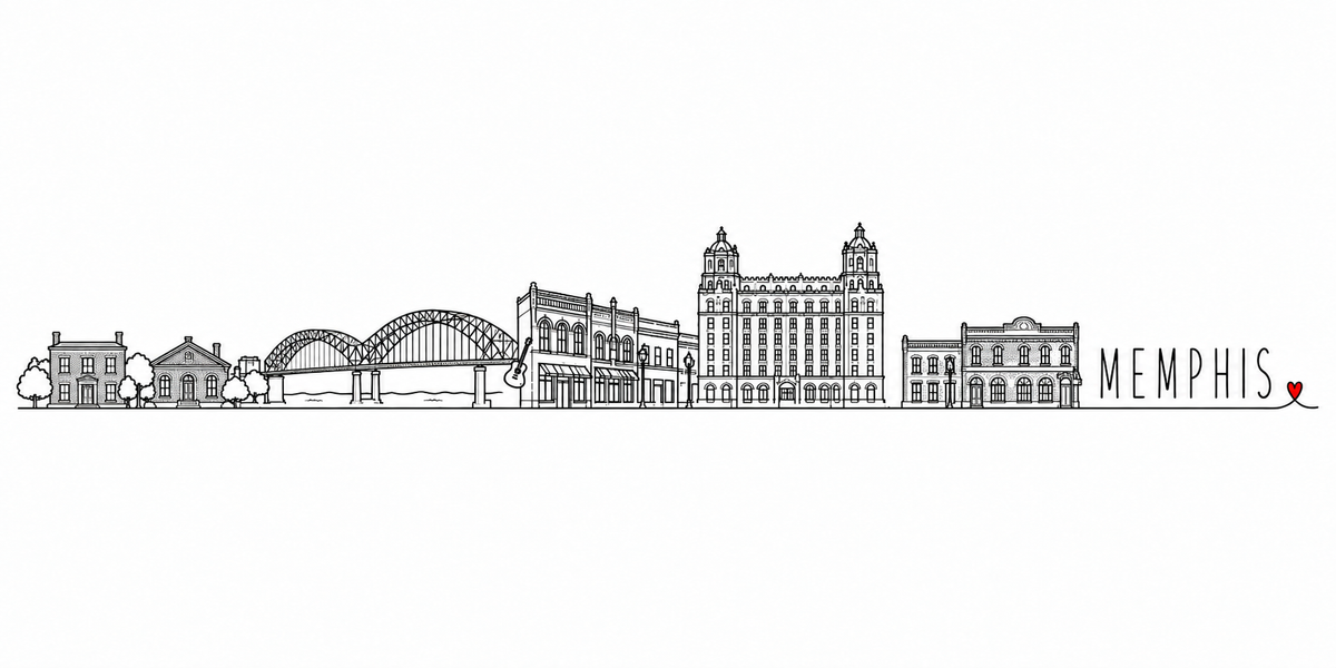 Skyline de Memphis dessinee d'un trait noir continu sur fond blanc : un pont en arc sur le fleuve a gauche, des facades de brique du centre-ville, un immeuble a tourelles au centre, et le nom MEMPHIS en lettres espacees suivi d'un petit coeur rouge
