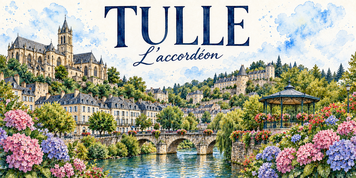 Aquarelle de Tulle : le nom en grandes capitales bleues et le sous-titre L'accordeon, la cathedrale et son clocher sur la hauteur a gauche, les maisons a toits d'ardoise etagees sur les coteaux, un pont de pierre sur la Correze, un kiosque a musique et des hortensias au premier plan