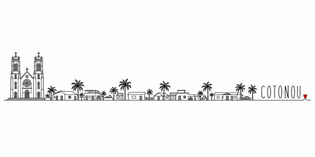 Skyline de Cotonou dessinee d'un trait noir continu sur fond blanc : une cathedrale a deux clochers a gauche, des maisons basses et des entrepots, des palmiers, et le nom COTONOU en lettres espacees suivi d'un petit coeur rouge