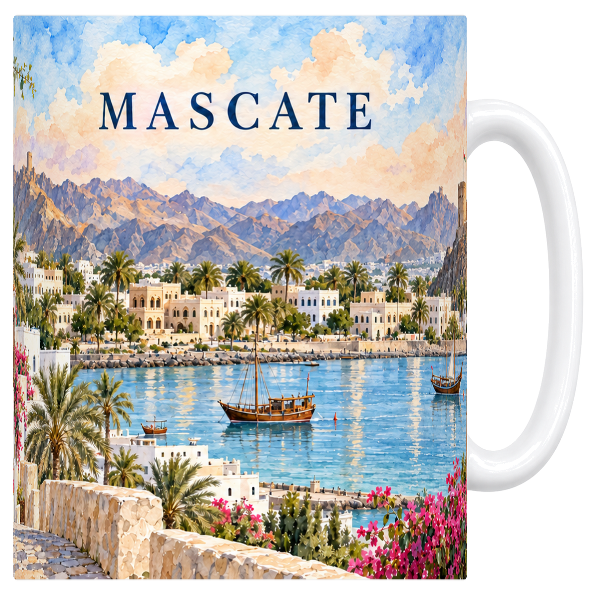 Mug blanc en céramique 330 ml illustré d'une aquarelle délavée de Mascate