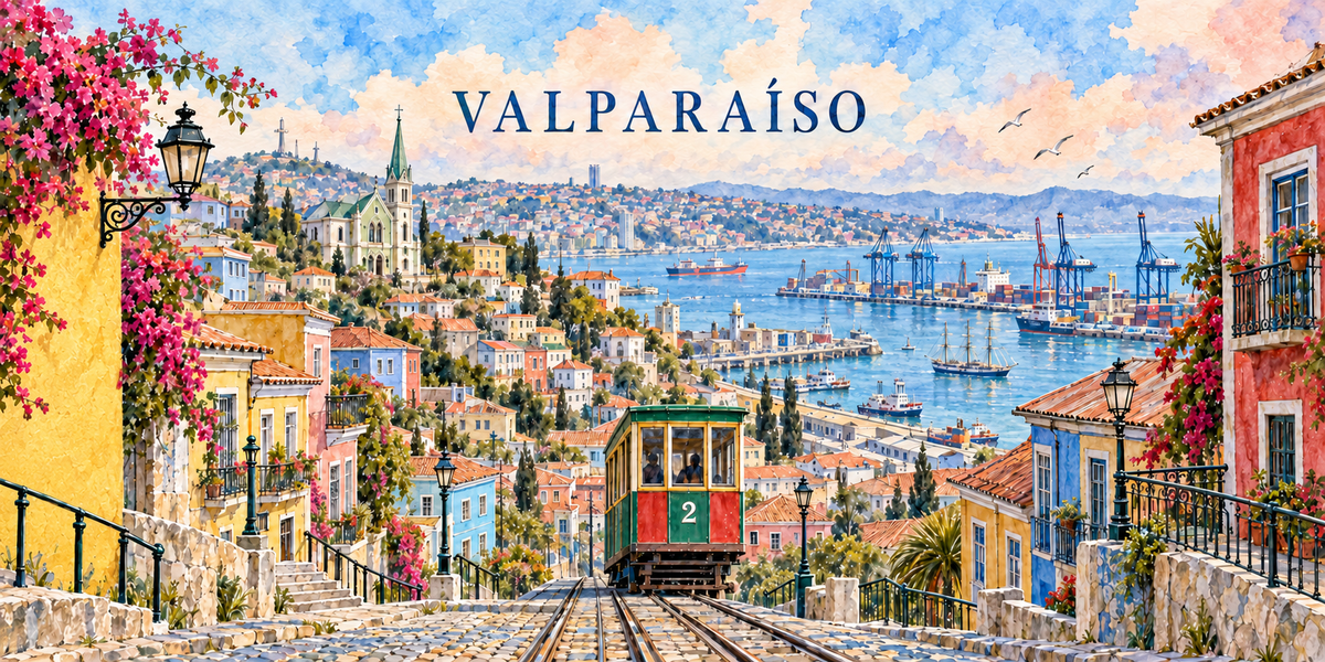 Aquarelle de Valparaiso : le nom en capitales bleues, une ruelle en escalier bordee de maisons colorees, un funiculaire vert et rouge au centre, les collines couvertes de maisons, une eglise a clocher et le port a conteneurs et ses grues au fond
