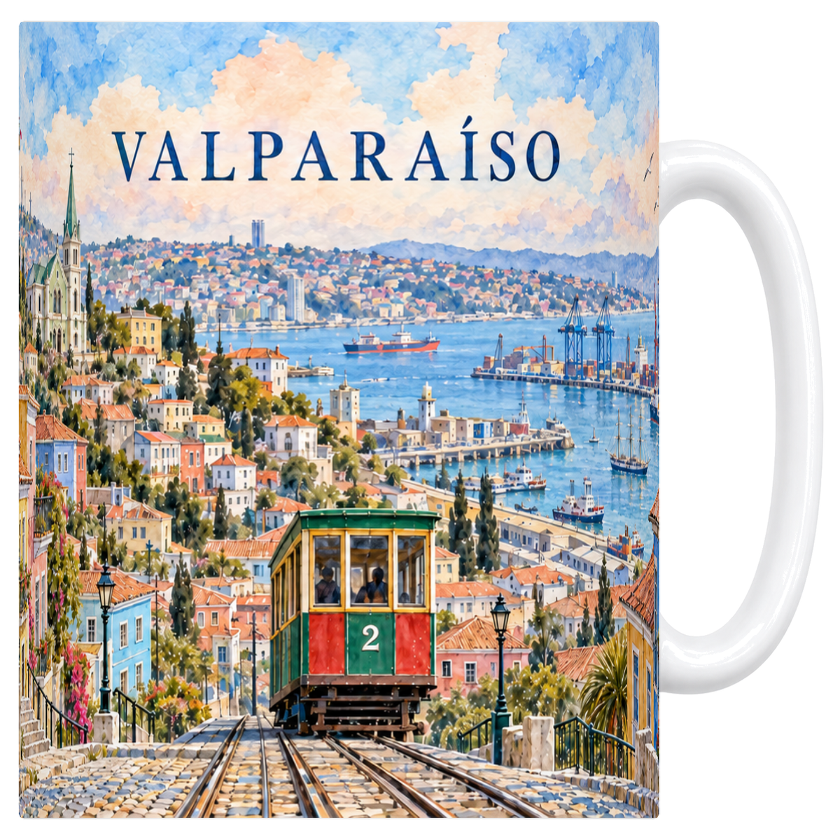 Mug blanc en ceramique 330 ml illustre d'une aquarelle de Valparaiso
