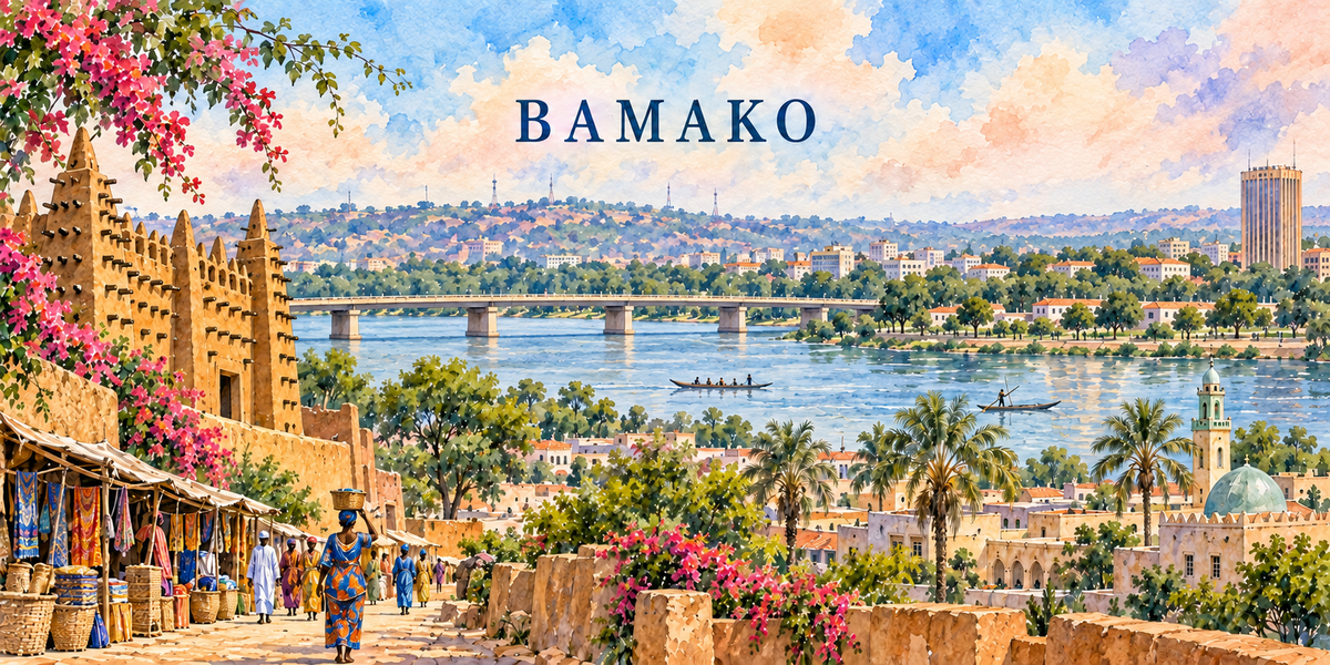 Aquarelle de Bamako : le nom en capitales bleues, une mosquée de terre à contreforts et une rue de marché animée à gauche, le fleuve Niger et son pont routier au centre, des pirogues, les immeubles et les collines de la ville, un minaret et une coupole verte à droite, des bougainvilliers au premier plan