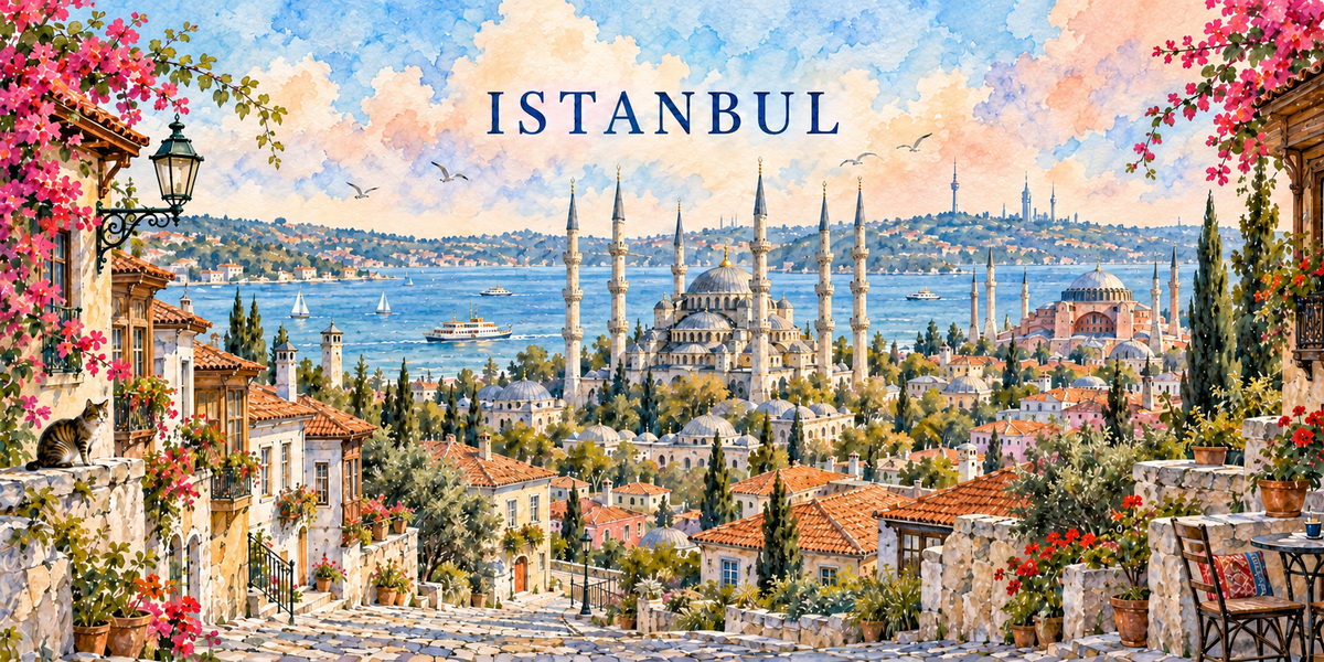 Istanbul à l'aquarelle claire : le nom ISTANBUL en capitales bleues, une ruelle en pente à maisons ocre, un chat sur un muret et des bougainvilliers à gauche, deux grandes mosquées à coupoles et minarets au centre, le détroit et ses bateaux, une terrasse à tapis à droite