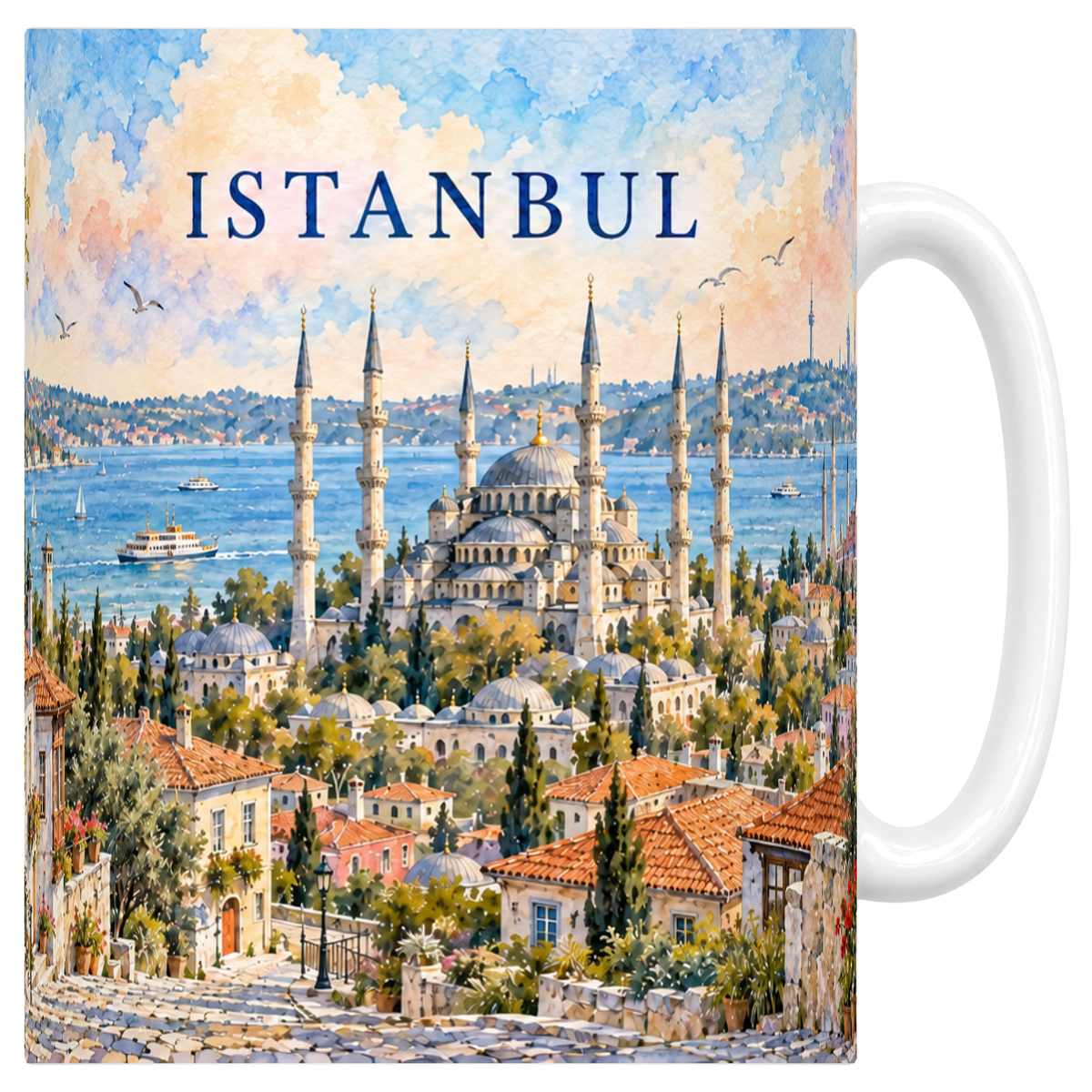 Mug blanc en céramique 330 ml illustré d'une aquarelle délavée d'Istanbul