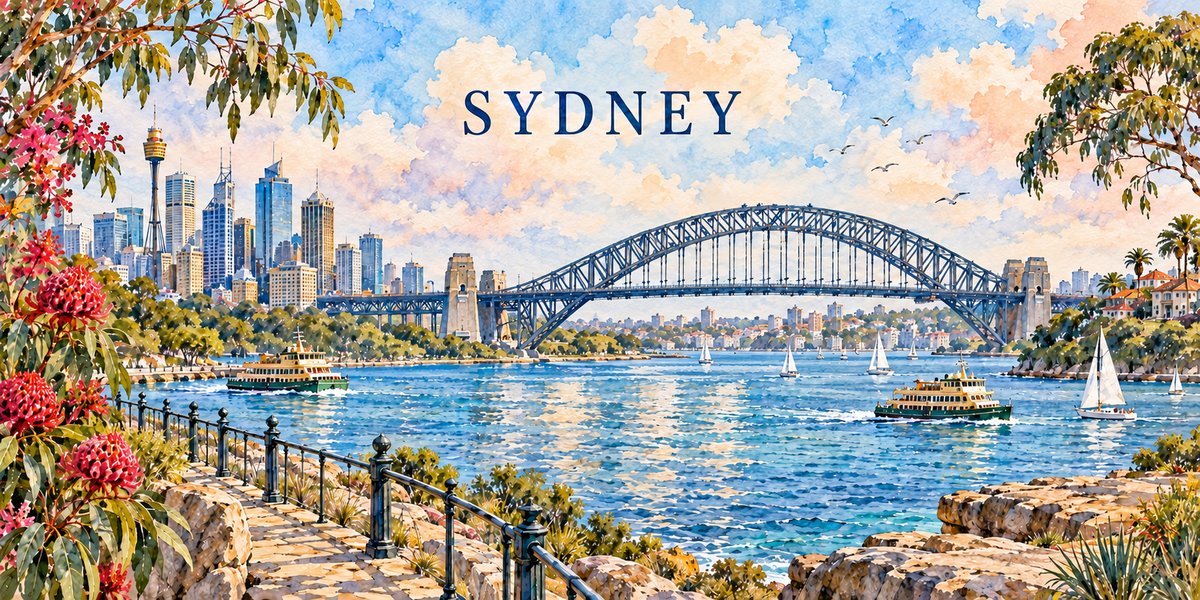 Illustration aquarelle de Sydney : la promenade et sa balustrade de fer, les arbustes en fleurs rouges, l'arche du Harbour Bridge, les ferries et les voiliers du port