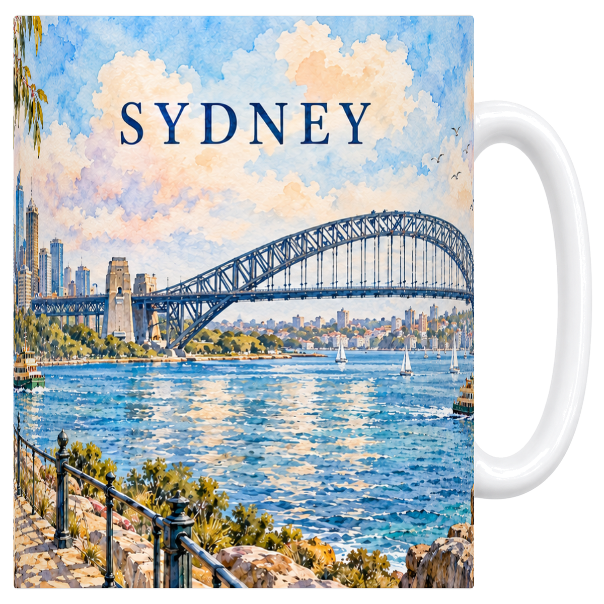 Mug blanc Sydney aquarelle : l'arche du Harbour Bridge, les ferries et la skyline du port