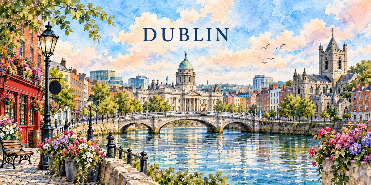 Dublin à l'aquarelle claire : le nom DUBLIN en capitales bleues, une devanture rouge, un banc et un réverbère à gauche, un édifice à coupole verte et une passerelle blanche sur la rivière au centre, des maisons de brique et une église à tour carrée à droite