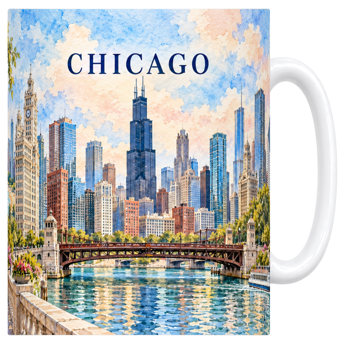 Mug blanc Chicago aquarelle : la rivière et son pont basculant, la skyline et le lac Michigan