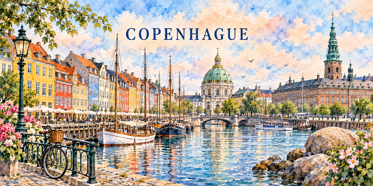 Illustration aquarelle de Copenhague : un vélo contre la balustrade, les façades étroites de Nyhavn, les mâts des vieux gréements, le canal, le dôme vert de l'église de marbre et le rocher au bord de l'eau