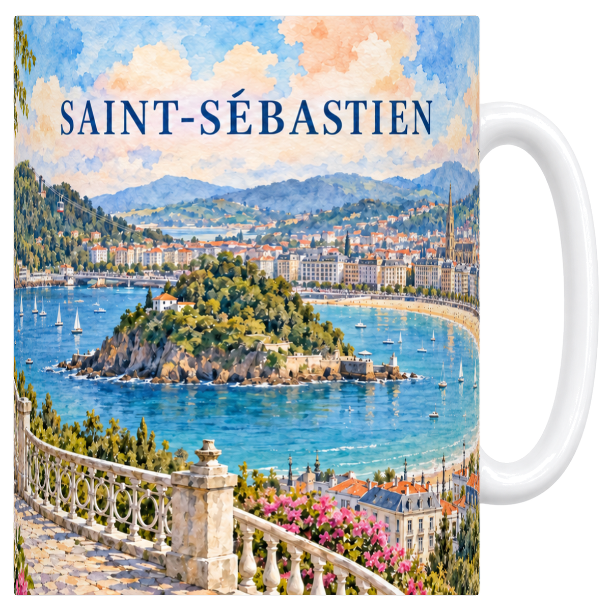 Mug blanc en céramique 330 ml illustré d'une aquarelle de Saint-Sébastien