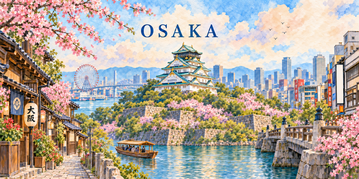 Aquarelle d'Osaka : le nom en capitales bleues, une ruelle de maisons de bois à lanternes à gauche, le donjon du château sur ses remparts de pierre au centre, les douves et un bateau de promenade, un pont de pierre, la ligne d'immeubles au fond et des cerisiers en fleurs