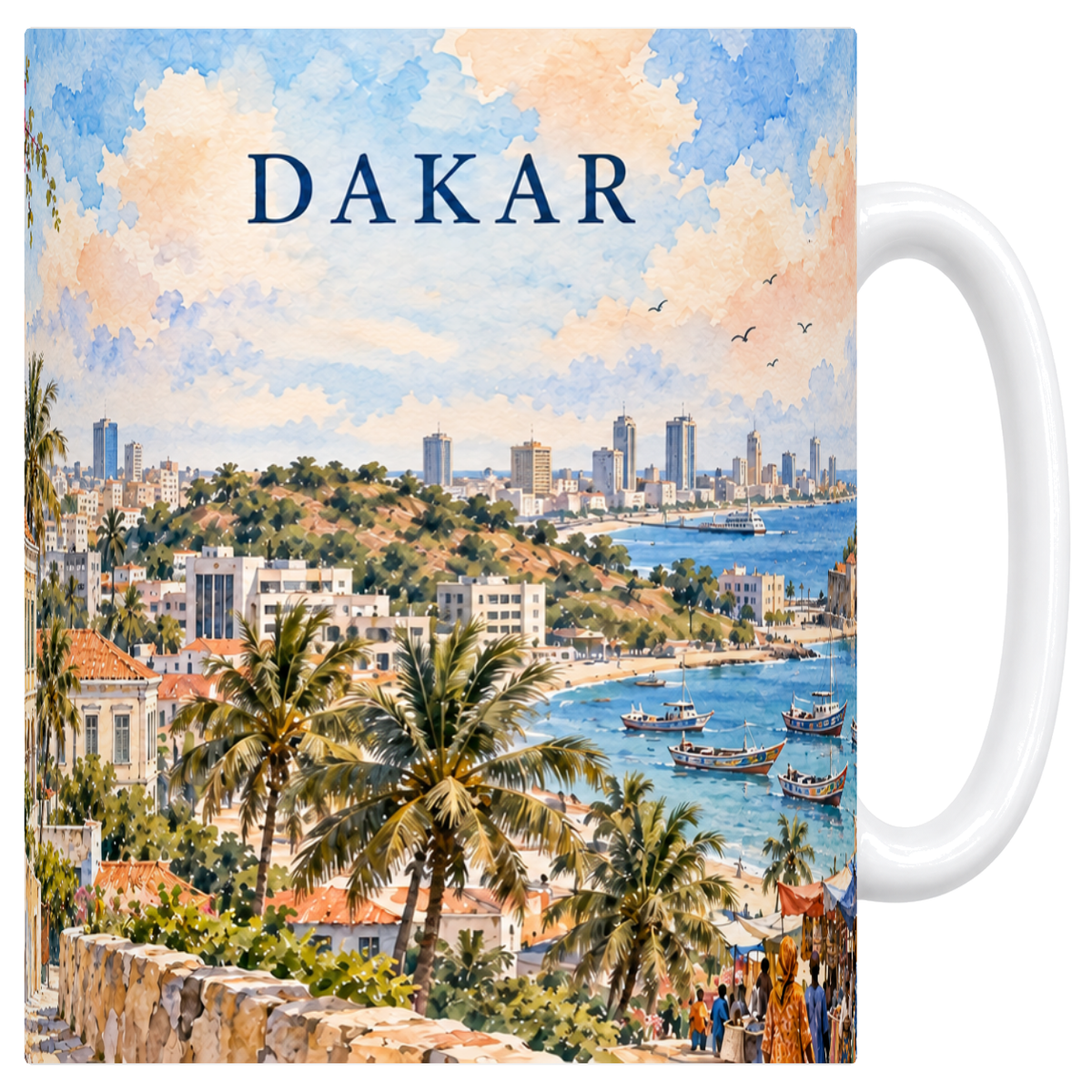 Mug blanc en céramique 330 ml illustré d'une aquarelle délavée de Dakar