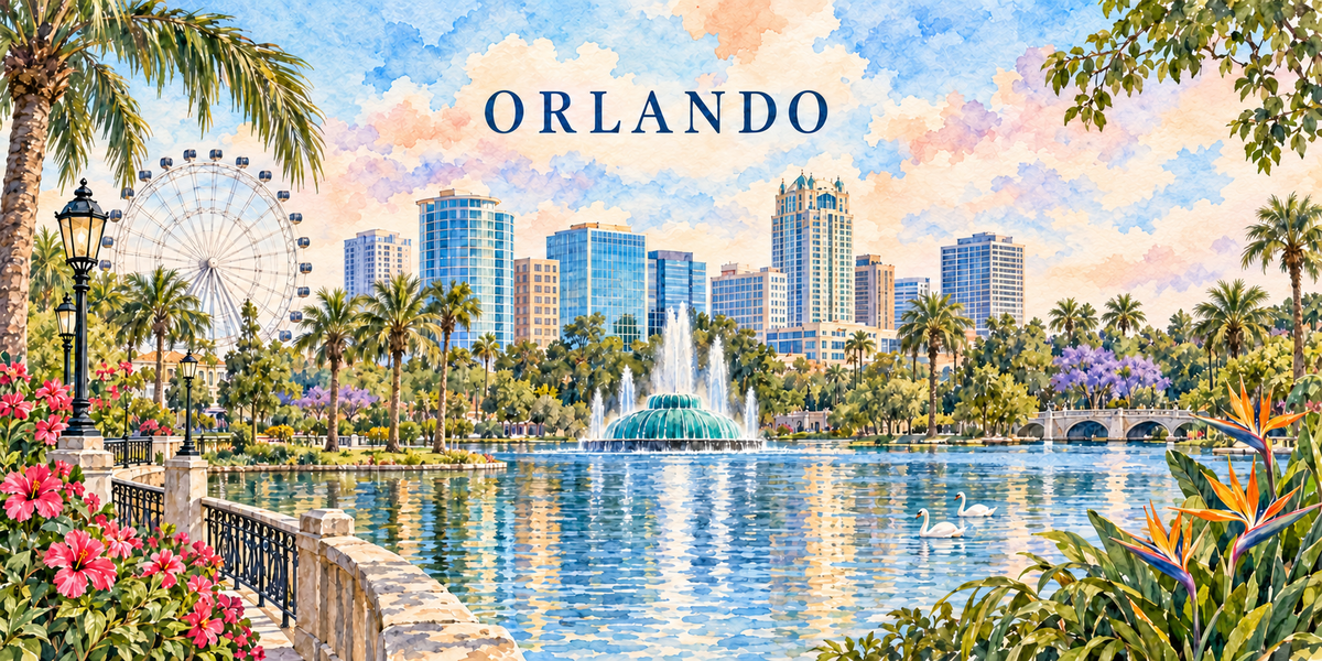 Aquarelle d'Orlando : fontaine du lac Eola, cygnes, gratte-ciel du centre, grande roue et palmiers