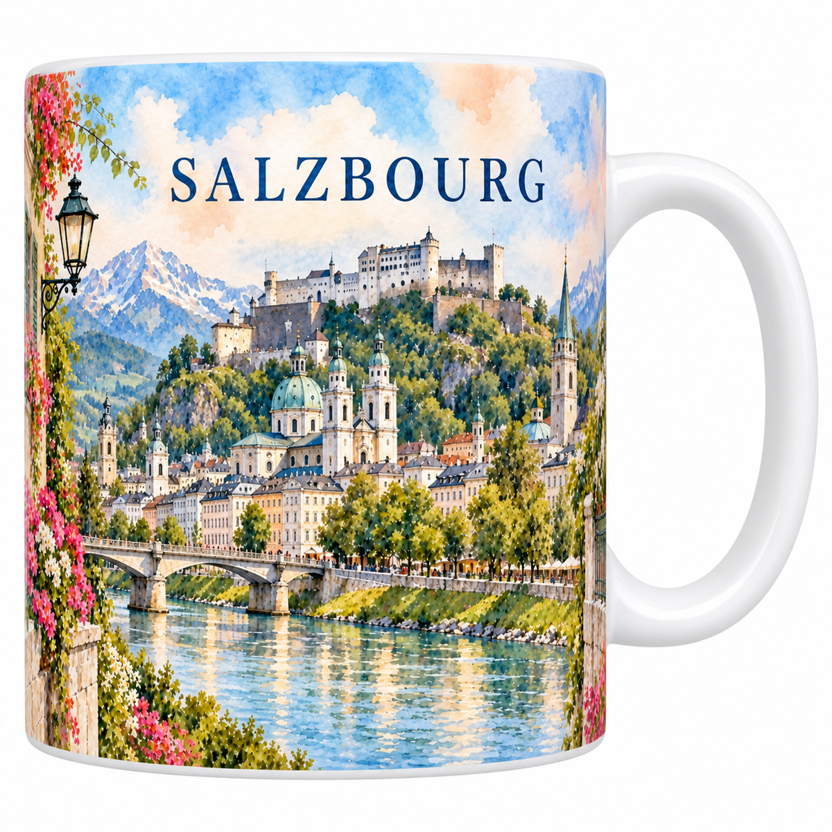 Mug blanc Salzbourg aquarelle avec la forteresse, les coupoles vertes et la Salzach
