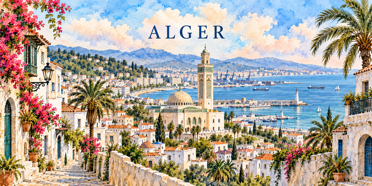 Alger à l'aquarelle claire : le nom ALGER en capitales bleues, une ruelle blanche en escalier et des bougainvilliers à gauche, une mosquée à minaret carré et coupole dorée au centre, la baie, le port, des navires et un palmier à droite