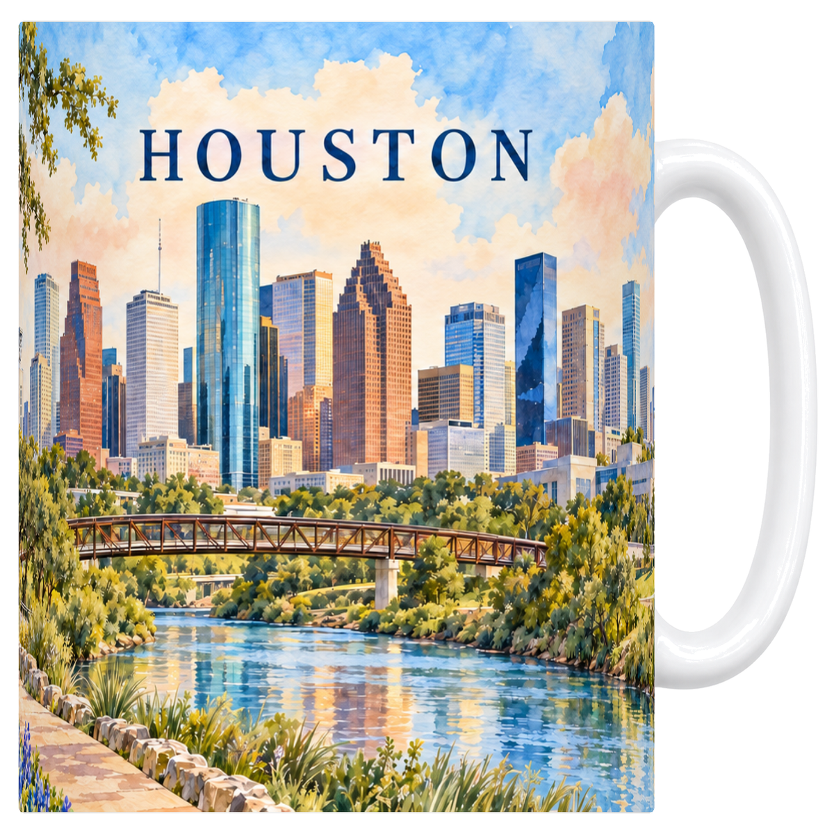 Mug blanc Houston aquarelle 330 ml : la ligne des gratte-ciel, la passerelle métallique sur le Buffalo Bayou et les lupins bleus du Texas