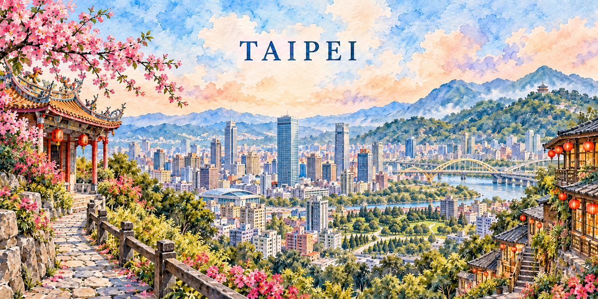 Aquarelle de Taipei : le nom en capitales bleues, un pavillon à toiture courbe et des cerisiers en fleurs à gauche, un sentier pavé qui domine la ville, les immeubles au centre, la rivière et son pont en arc, les montagnes au fond et des maisons à lanternes rouges à droite