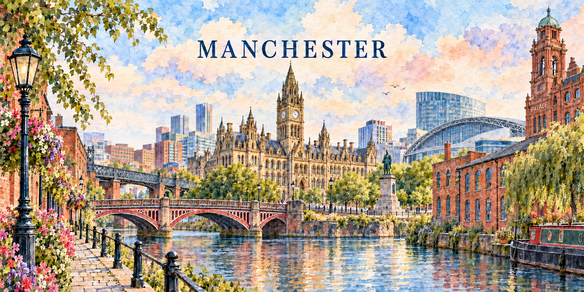 Manchester à l'aquarelle claire : le nom MANCHESTER en capitales bleues, un quai fleuri et un réverbère à gauche, un pont ferroviaire de brique, un hôtel de ville néogothique à tour-horloge au centre, une halle à toiture courbe, une péniche et un entrepôt de brique à droite