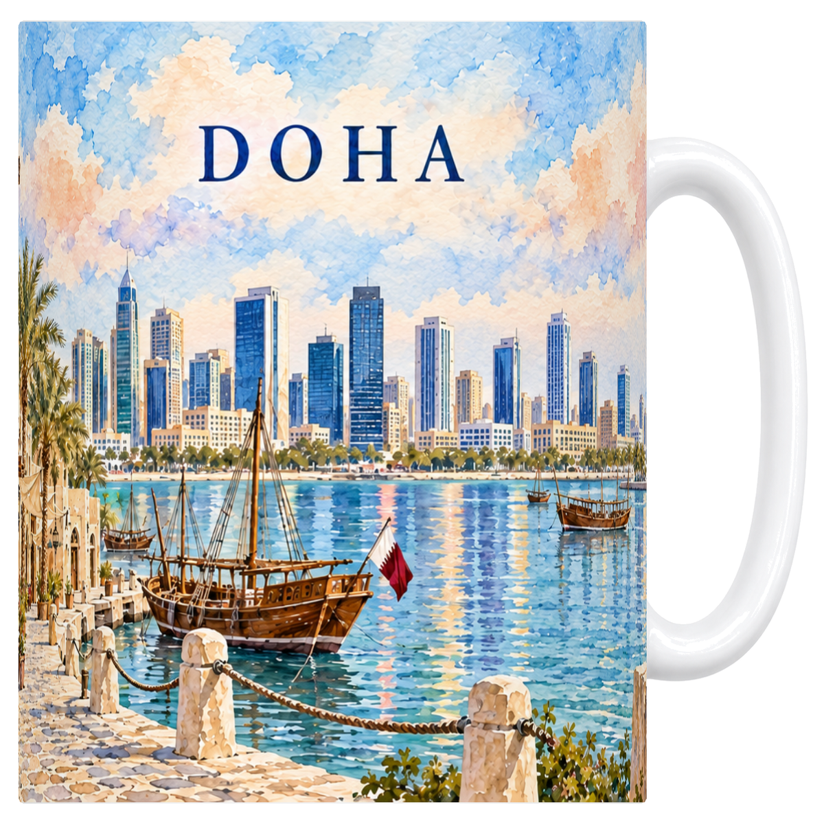 Mug blanc en céramique 330 ml illustré d'une aquarelle délavée de Doha