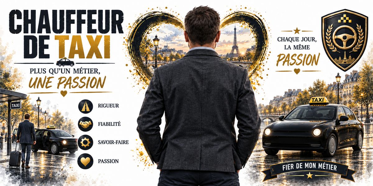 Affiche Chauffeur de taxi : titre CHAUFFEUR DE TAXI et PLUS QU'UN METIER, UNE PASSION, les mots-cles rigueur, fiabilite, savoir-faire et passion, un chauffeur de dos devant un panorama parisien au couchant, une berline noire a lanterne TAXI sur un boulevard haussmannien et un ecusson au volant stylise