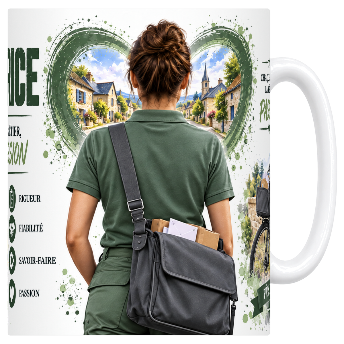 Mug blanc en ceramique 330 ml illustre sur le theme de la factrice
