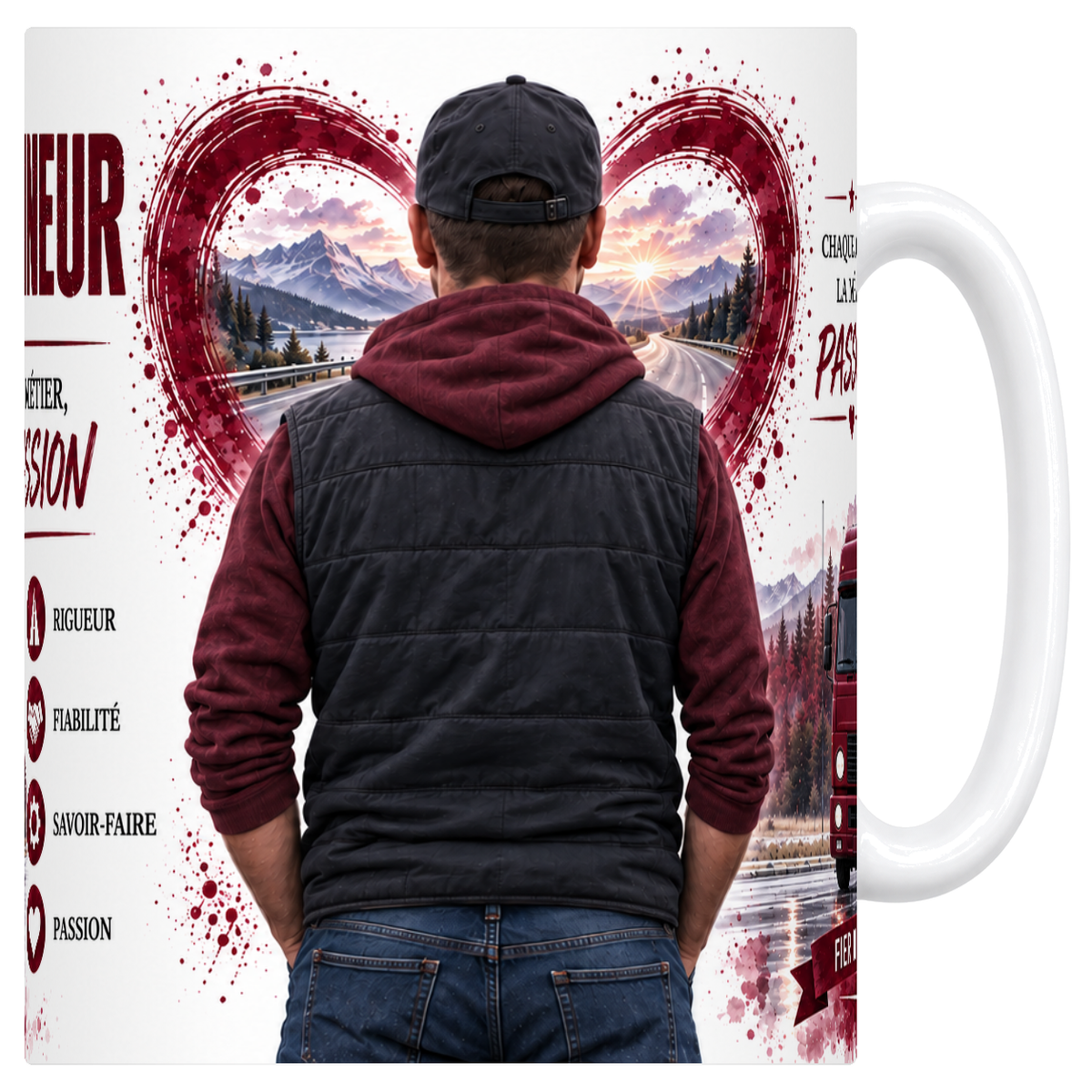 Mug blanc en ceramique 330 ml illustre sur le theme du camionneur