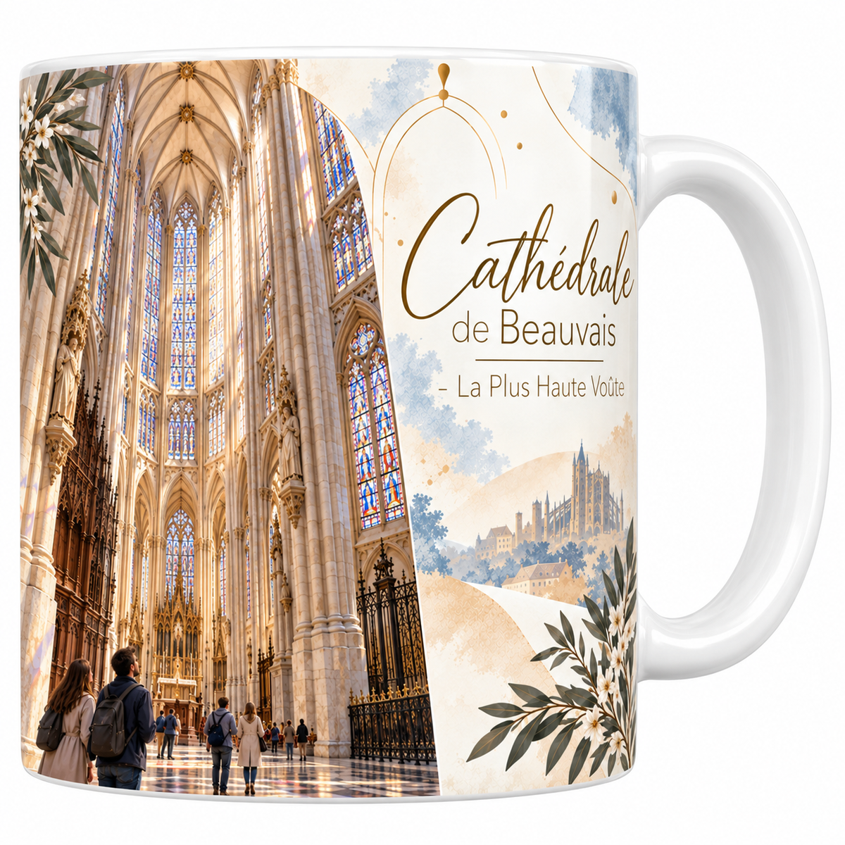 Mug céramique blanche 330 ml illustré de l'intérieur de la cathédrale de Beauvais à l'aquarelle, ses immenses verrières et ses piliers montant hors du cadre, des feuillages clairs en bordure et le titre Cathédrale de Beauvais en lettres dorées