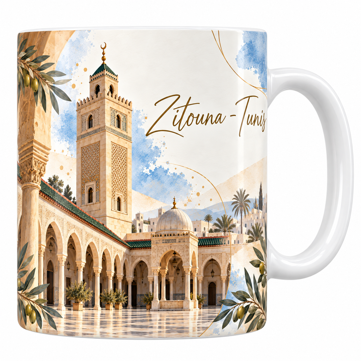 Mug céramique blanche 330 ml illustré de la mosquée Zitouna à Tunis à l'aquarelle, sa cour bordée d'arcades sur colonnes, son minaret carré à décor géométrique et sa coupole blanche, les toits de tuiles vertes et les maisons de la médina, des feuillages d'olivier et le titre Zitouna - Tunis en lettres dorées