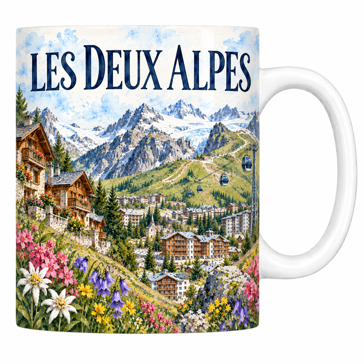 Mug céramique 330 ml Les Deux Alpes : la station et son glacier en aquarelle