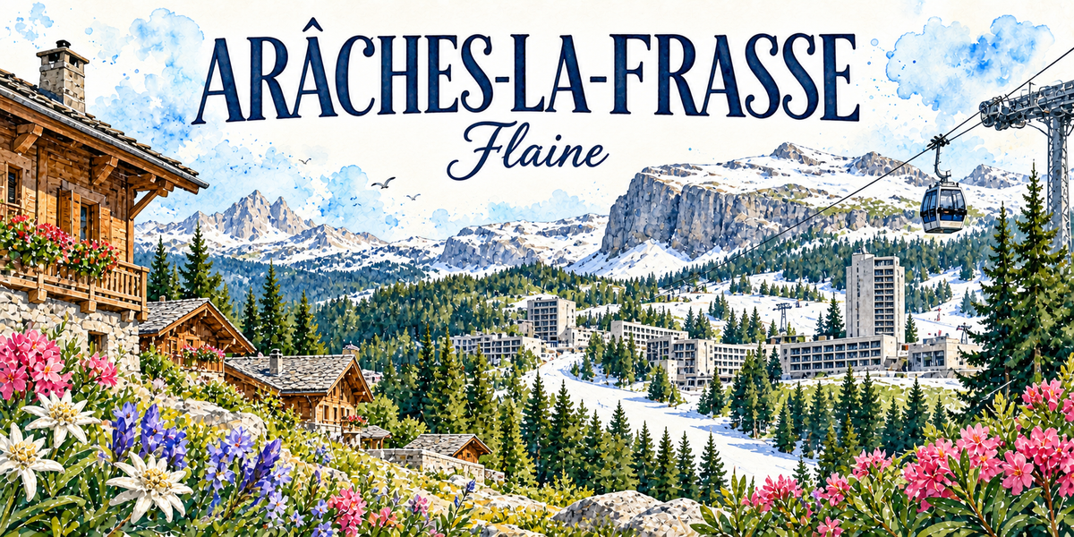 Arâches-la-Frasse en aquarelle, avec la mention Flaine : un chalet de bois à balcon fleuri et des maisons à toits de lauzes au premier plan, une forêt d'épicéas, la station et ses pistes enneigées dans la combe, la falaise et les sommets au fond, une télécabine à droite, edelweiss, gentianes et rhododendrons