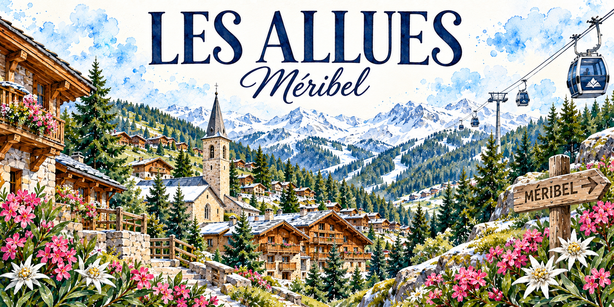 Les Allues en aquarelle, avec la mention Méribel : des chalets de bois et de pierre aux toits enneigés, le clocher à flèche de l'église au centre, un panneau de bois indiquant la station à droite, des télécabines sur leur câble, les sommets enneigés de Tarentaise au fond, des épicéas, des rhododendrons et des edelweiss au premier plan