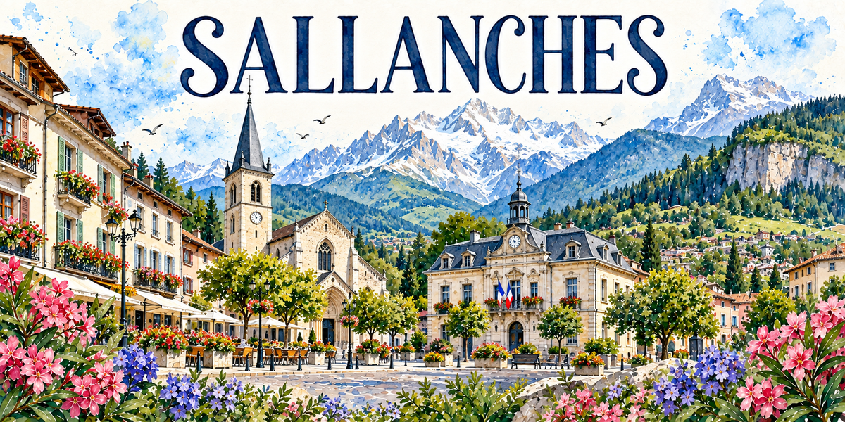 Sallanches en aquarelle : la place et son hôtel de ville néoclassique à campanile et horloge, le clocher à flèche de la collégiale à gauche, les terrasses de café sous parasols, les arbres taillés et les bancs, la chaîne enneigée au fond, une falaise boisée à droite, lauriers-roses et agapanthes au premier plan