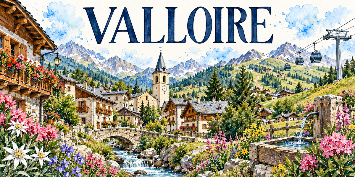 Valloire en aquarelle : un chalet de bois à balcon fleuri à gauche, les maisons de pierre aux toits de lauzes, le clocher à flèche et son horloge au centre, un petit pont de pierre sur le torrent, une fontaine de bois à droite, des télécabines sur leur câble, les alpages et les sommets enneigés au fond, edelweiss, gentianes et rhododendrons au premier plan