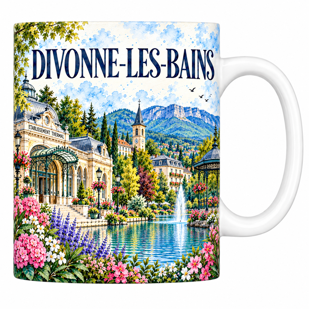 Mug céramique 330 ml Divonne-les-Bains : le lac et le bâtiment thermal en aquarelle
