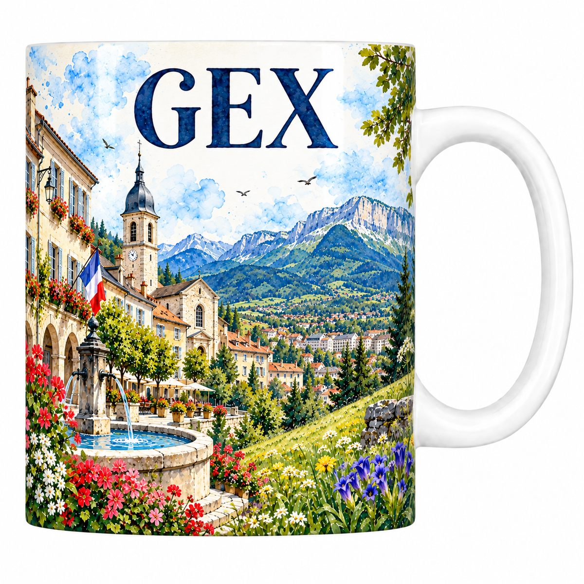 Mug céramique 330 ml Gex : la place, la fontaine et le Jura en aquarelle