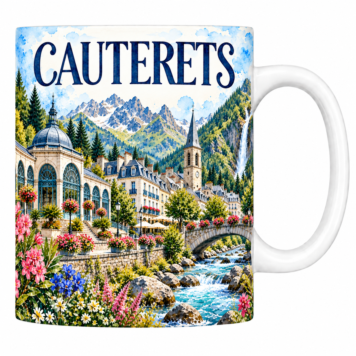 Mug céramique 330 ml Cauterets : le pavillon thermal et le gave en aquarelle