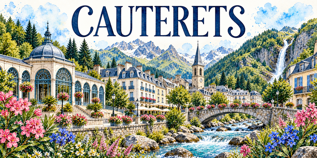 Cauterets en aquarelle : à gauche un pavillon thermal à coupole et verrière, les immeubles à toits d'ardoise et mansardes, le clocher à flèche et son horloge, le gave en eaux vives franchi par un pont de pierre, une cascade qui tombe de la paroi à droite, les sapins et les sommets enneigés au fond, lauriers-roses et gentianes au premier plan