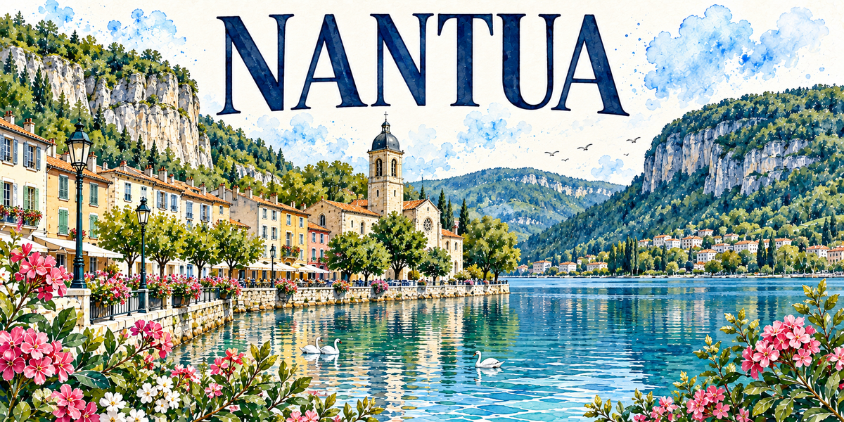 Nantua en aquarelle : le lac au premier plan avec ses cygnes et ses reflets, les quais plantés d'arbres bordés de façades colorées à volets et de terrasses, l'abbatiale Saint-Michel et son clocher à dôme au centre, les falaises calcaires boisées qui encadrent la vallée de part et d'autre, lauriers-roses et fleurs blanches au bord de l'eau