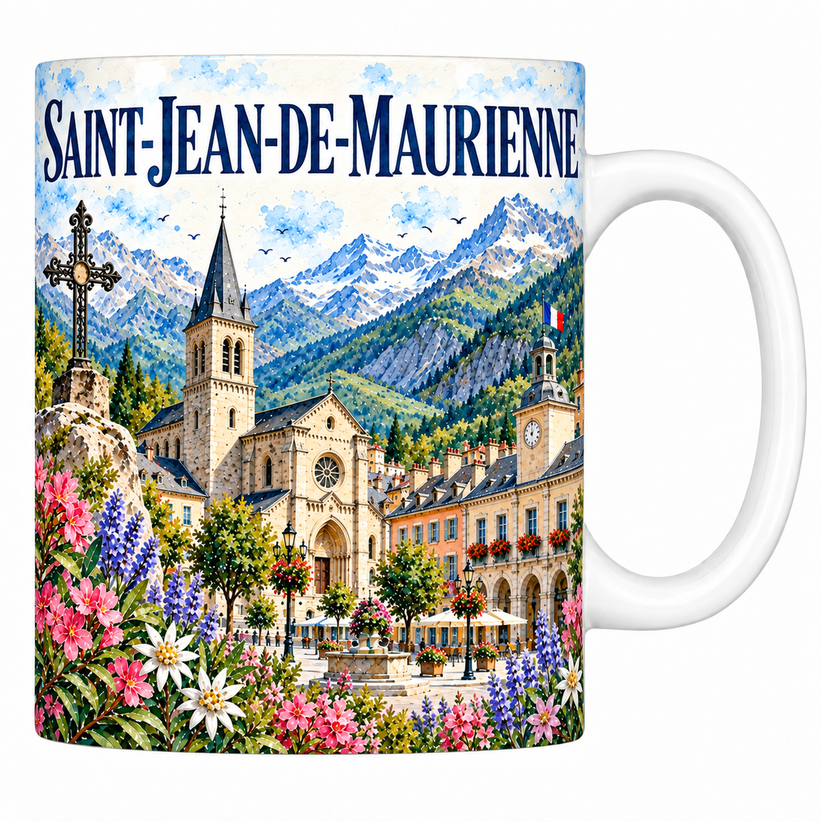 Mug céramique 330 ml Saint-Jean-de-Maurienne : la cathédrale et la place en aquarelle