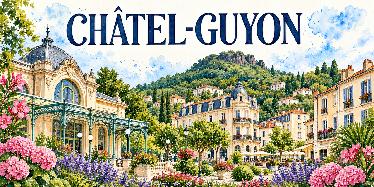 Châtel-Guyon en aquarelle : à gauche un grand édifice thermal Belle Époque à coupole d'ardoise, baies cintrées et marquise de fer forgé vert, les hôtels et villas à toits d'ardoise et balcons fleuris, les terrasses sous parasols, la colline boisée et son rocher au fond, hortensias, lavandes et lauriers-roses au premier plan
