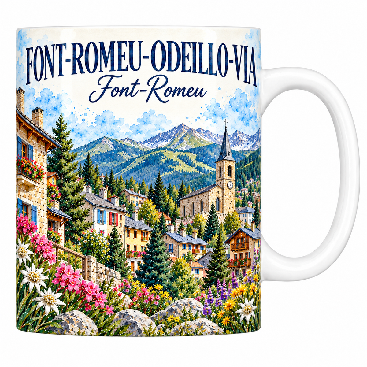 Mug céramique 330 ml Font-Romeu : le village et son clocher en aquarelle